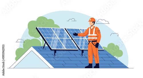 Solar panel installer on rooftop, renewable energy, sustainable power, green technology