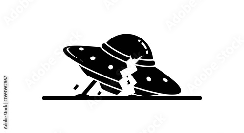 A black and white illustration of a crashed UFO spaceship on the ground
