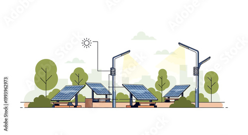 Solar panels and streetlights in a green park, symbolizing renewable energy and sustainability