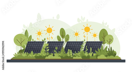 Solar panels in lush green landscape with sun and plants, renewable energy concept