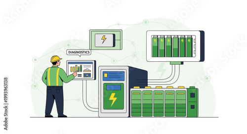 Technician Monitoring Battery Energy Storage System Diagnostics and Performance