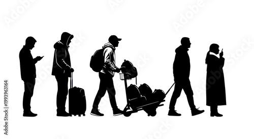 People walking with luggage silhouettes.