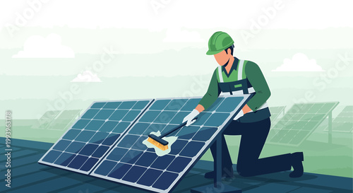 Worker cleaning solar panels on rooftop, renewable energy maintenance, sustainable power generation