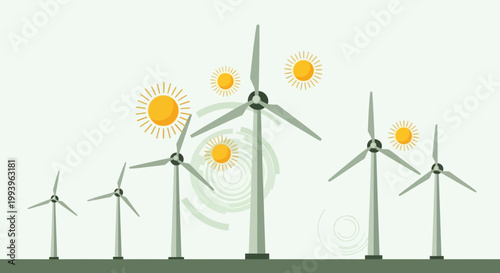 Wind Turbines Generating Clean Energy Under The Sun, Renewable Power Concept