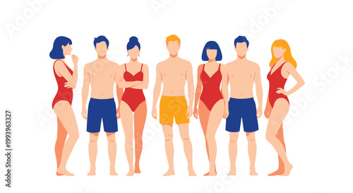 People standing in swimwear together.