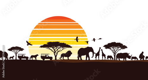 African savanna wildlife silhouettes at sunset.