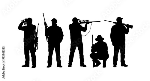 Silhouettes of men with guns hunting.