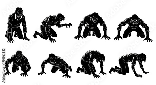 Black silhouette monkey poses various stances.