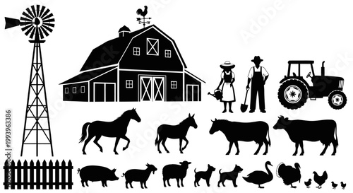 Farm animals and people working together.