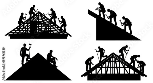 Workers installing roof construction materials.