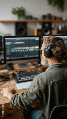 The Music Mixer: An experienced audio engineer, fully engrossed in his craft, meticulously crafts a symphony in a state-of-the-art studio, using innovative digital audio tools.
