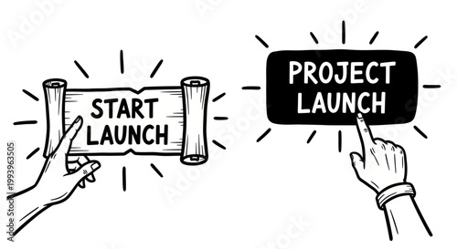 Hands holding start launch project signs.
