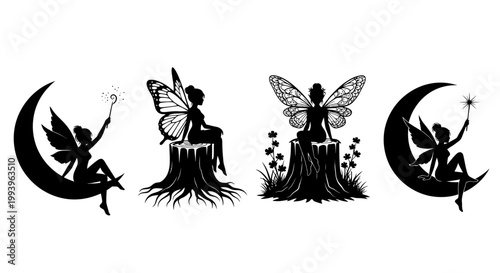 Black silhouettes of mythical fairy creatures.