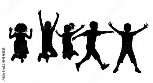Silhouettes of children jumping happily together.