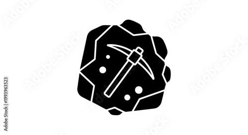 A black and white illustration of a pickaxe on a rock