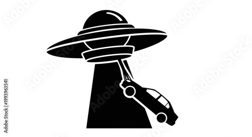 A black and white illustration of a UFO abducting a car with a robotic arm