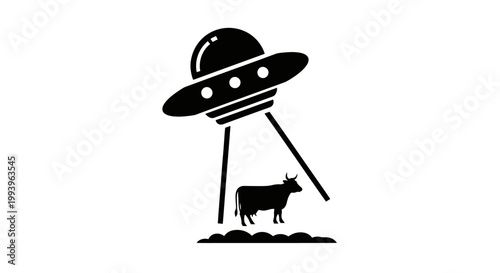 A black and white illustration of a UFO abducting a cow with a beam of light