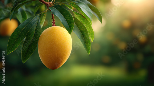 Ripe mango hanging fruit tropical fruit mango tree green leaf yellow fruit close up fresh fruit orchard summer fruit soft light blurred background natural light food agriculture organic ripe juicy