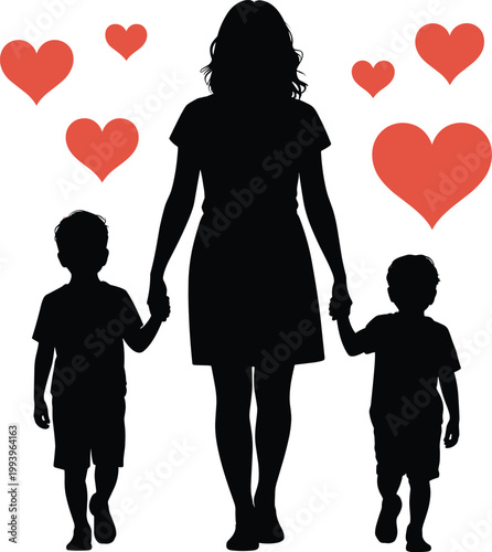 Mother and children walking hand in hand with heart symbols around them