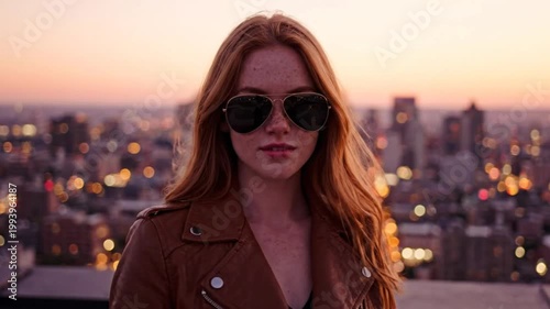 Woman with sunglasses overlooking city skyline at sunset