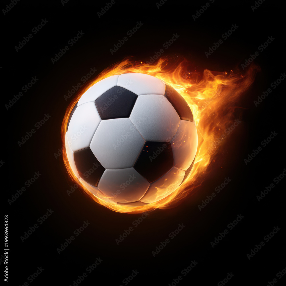 Fototapeta premium Flaming soccer ball on black background with bright fire and dramatic motion