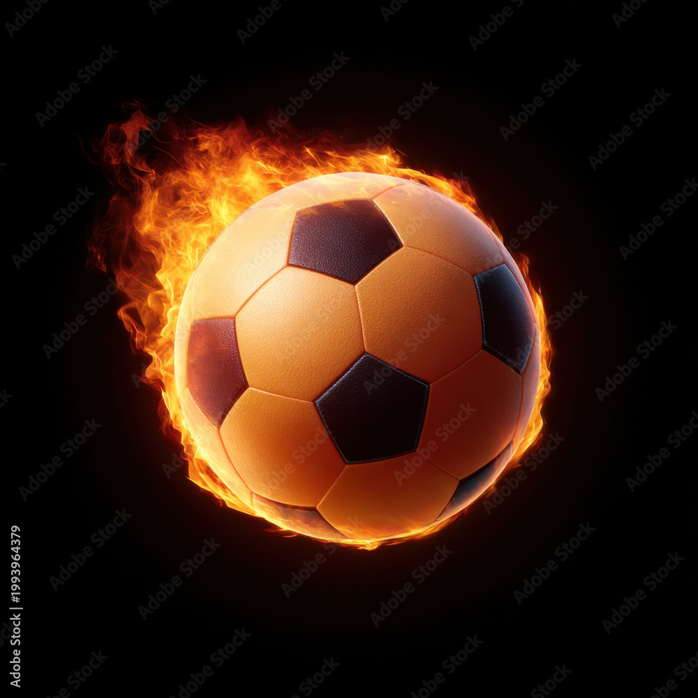 Fototapeta premium Fiery soccer ball flying toward camera on black background, glowing flame around orange and black ball