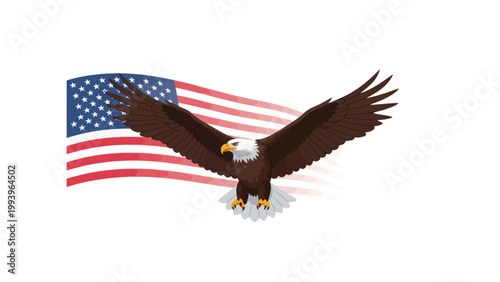Bald Eagle Flying Over American Flag Vector Illustration