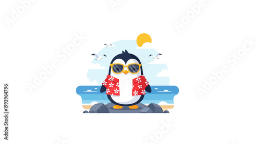 cartoon penguin in hawaiian shirt at beach