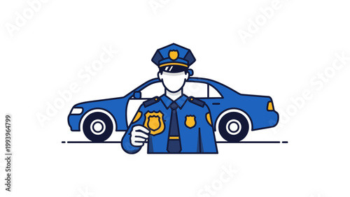 cartoon police officer with thumbs up by police car