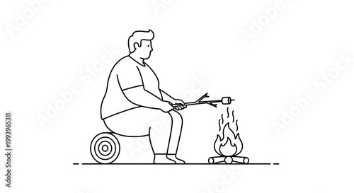 Man roasting marshmallow over campfire, enjoying outdoor recreation activity.