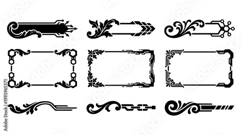 Set of black cyber baroque banners, futuristic frames, and decorative borders. Combines classic floral swirls with modern sci-fi tech circuit lines
