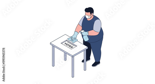 Man Sanitizing Voting Table with Spray During Election Time.