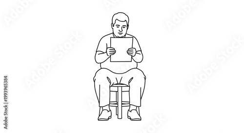 Man Seated on Stool Reading Paper with Focused Attention.