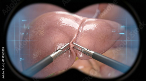 Robotic surgical tools performing minimally invasive procedure on human liver through laparoscopic view.