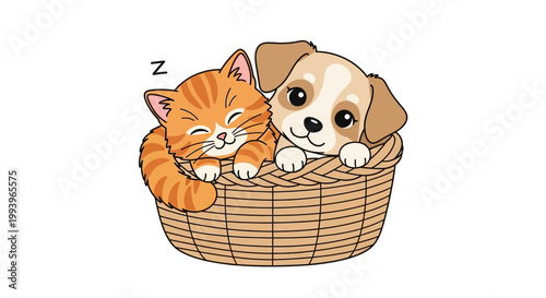 Cuddly cat and puppy sleeping basket.
