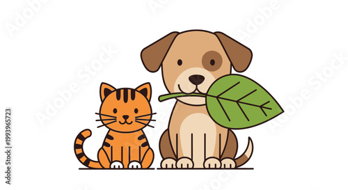 Friendly dog and orange cat sitting.