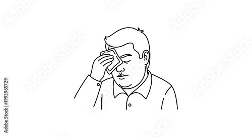 Man wiping sweat from his forehead with a tissue, feeling unwell.