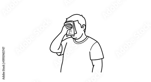 Man wiping sweat from his forehead with a tissue, illustration.