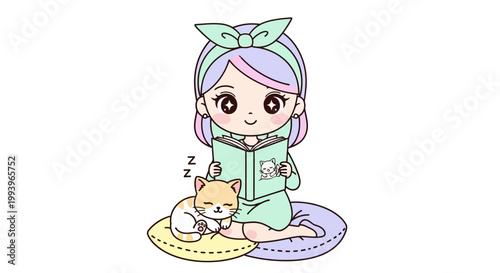 Girl sitting with cute cat toy.