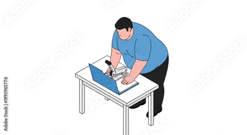 Man working at a desk with a laptop and papers, focused and concentrated.