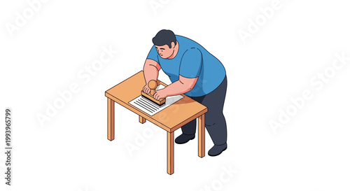 Man Working at Desk with Laptop Computer, Isometric View.