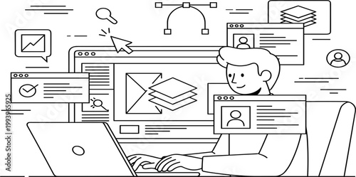 UI UX Design Workflow Vector Illustration with Designer Working on Interface Layout, Wireframes, Prototyping Tools, and User Experience Development in Line Art Style