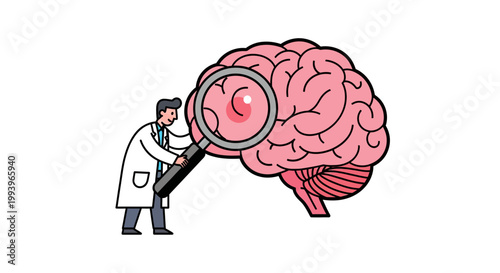 Medical Professional Examining Human Brain with Magnifying Glass for Diagnosis.