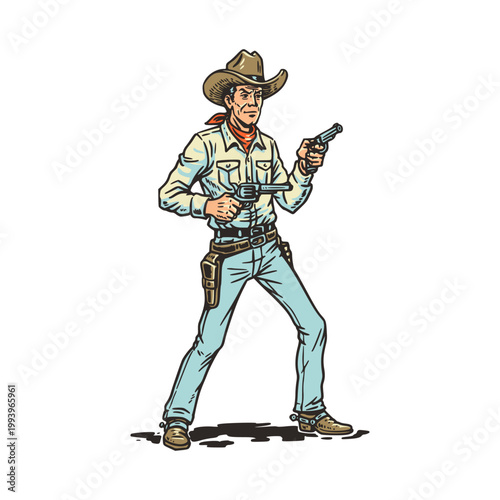 Classic Cowboy with Revolver Ready Pose Western Illustration