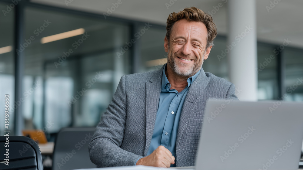 Obraz premium Contented Businessman: A mature businessman beams with genuine contentment while working on a laptop, embodying confidence and professional satisfaction.