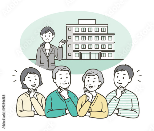 老人ホームまたはマンションへの入居を考える高齢者夫婦と一緒に考える若い夫婦
