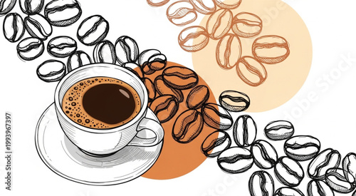 Coffee Cup with Hand Drawn Beans Sketch Background Modern Cafe Beverage Illustration for Menu Poster and Branding Design