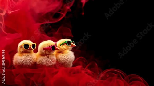 黒背景に広がる赤煙と左配置のひよこ三羽が印象を残すサングラス付き横動画素材