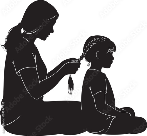 Silhouette of a mother braiding her daughters hair with silhouette, daughter