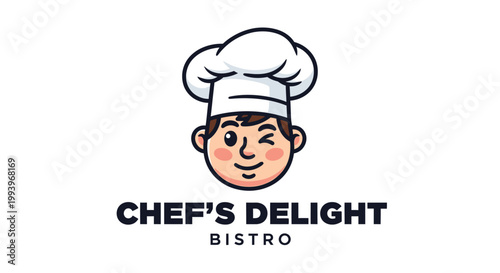 Cartoon chef face in hat logo.